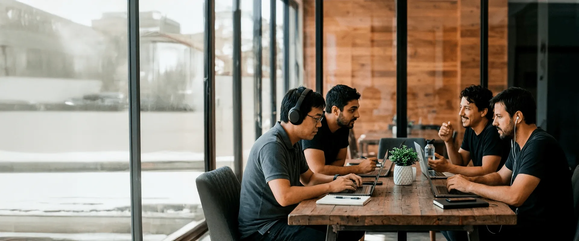 Time da Dorck Coding em uma sessão de trabalho, com notebooks em uma mesa compartilhada